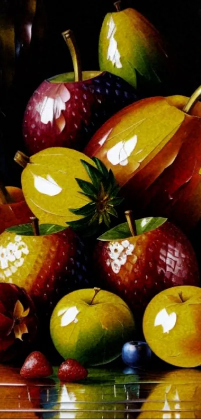 Colorful fruit artwork featuring apples and oranges on a dark background.