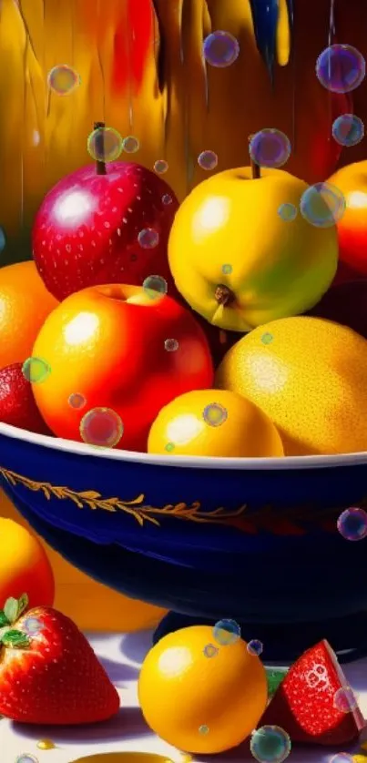 Vibrant fruit art in a bowl with colorful background.