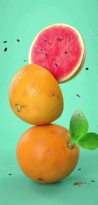 Creative stack of vibrant fruits on turquoise background.