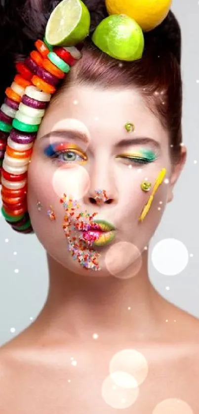 Creative fruit-themed art with vibrant makeup and colorful design.