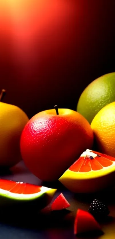 Vibrant fruits illuminated by dramatic red light on a dark background.