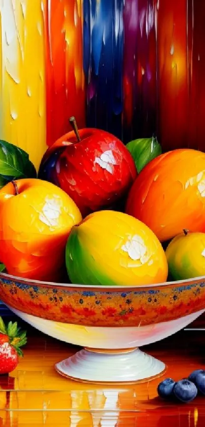Vibrant fruit bowl art with colorful fruits and rich background hues.