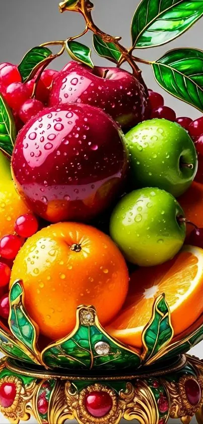 Vibrant fruit art in ornate display with colorful details.