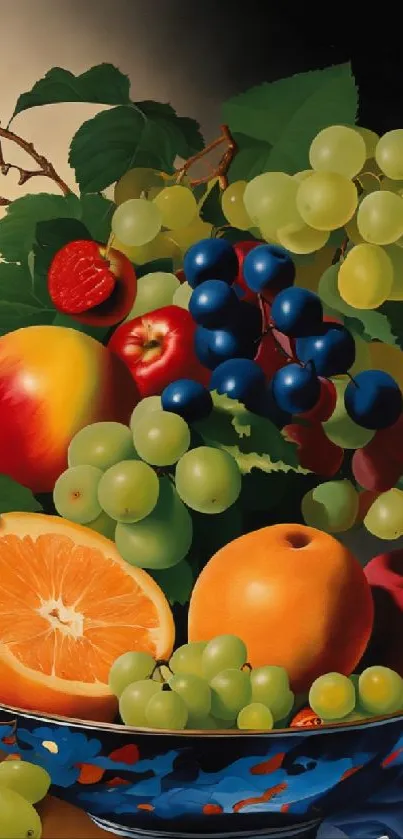 Vibrant fruit arrangement in artistic style featuring colorful grapes and citrus.