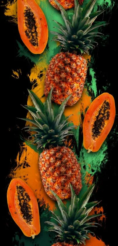 Vibrant pineapples and papayas on a black background wallpaper.