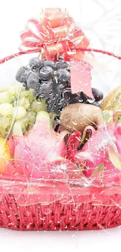 Colorful fruit basket wallpaper with red basket and fresh fruits.