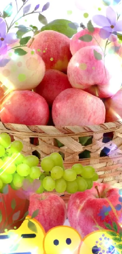 Mobile wallpaper with apples, grapes, emojis, and flowers in a basket.