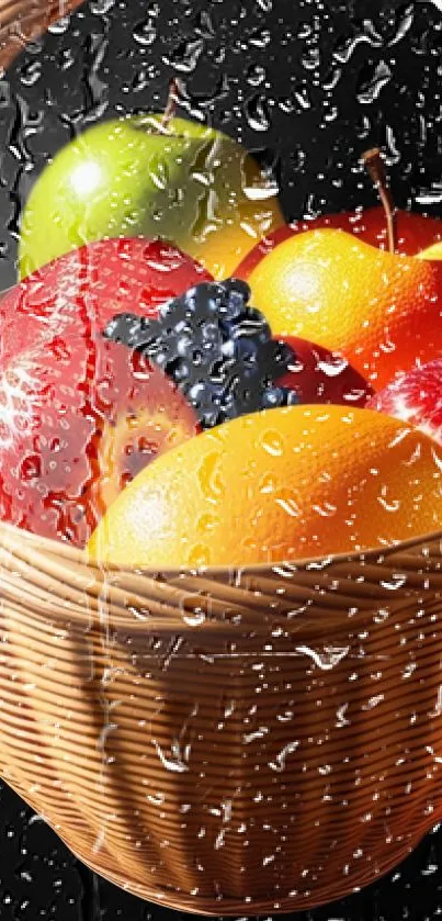 A vibrant fruit basket with raindrops on a mobile wallpaper.