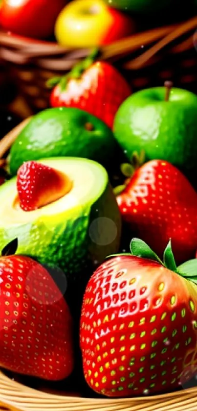 Vibrant fruit basket with strawberries, avocados, and apples.