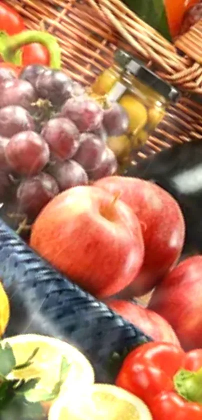 Vibrant fruit basket with apples, lemons, and grapes on a wallpaper.