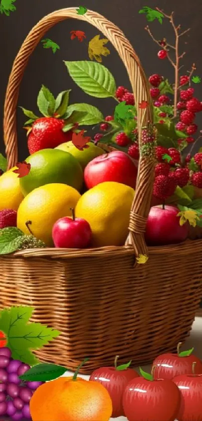 Colorful fruit basket with vibrant fruits and green leaves.