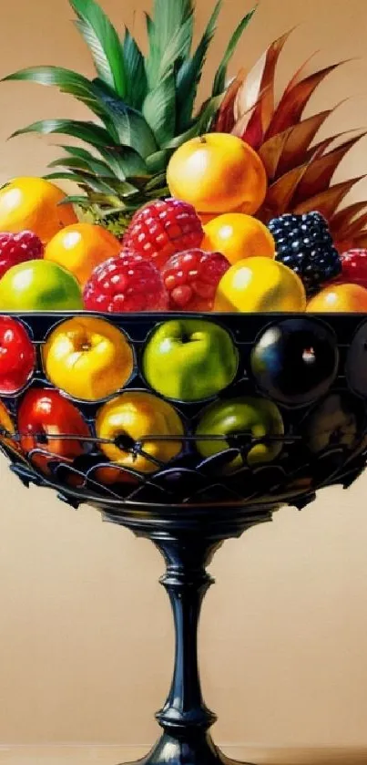 Elegant basket overflowing with vibrant, colorful fruits as mobile wallpaper.