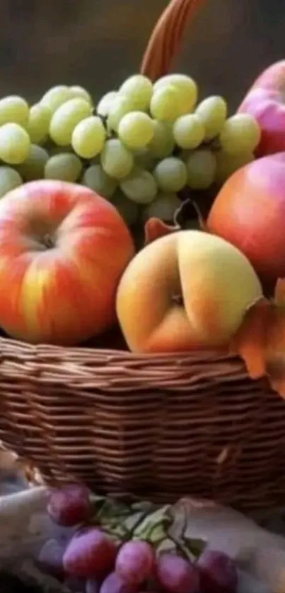Colorful fruit basket with apples and grapes.