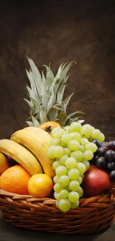 Vibrant fruit basket with tropical fruits against a dark background.