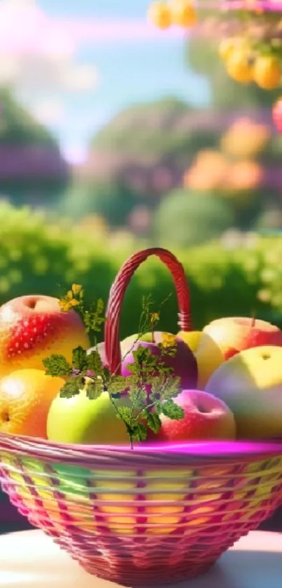 Vibrant basket of fruits in a sunny garden setting.