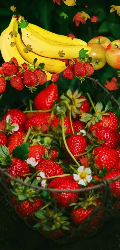 Vibrant wallpaper with strawberries, bananas, and apples in a basket.