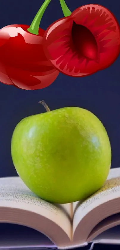 Green apple and red cherries on an open book