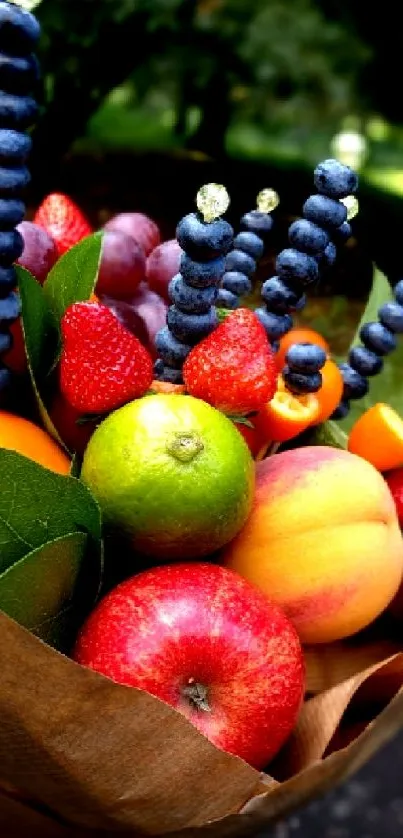 A colorful arrangement of fresh fruits creating a vibrant and lively mobile wallpaper.