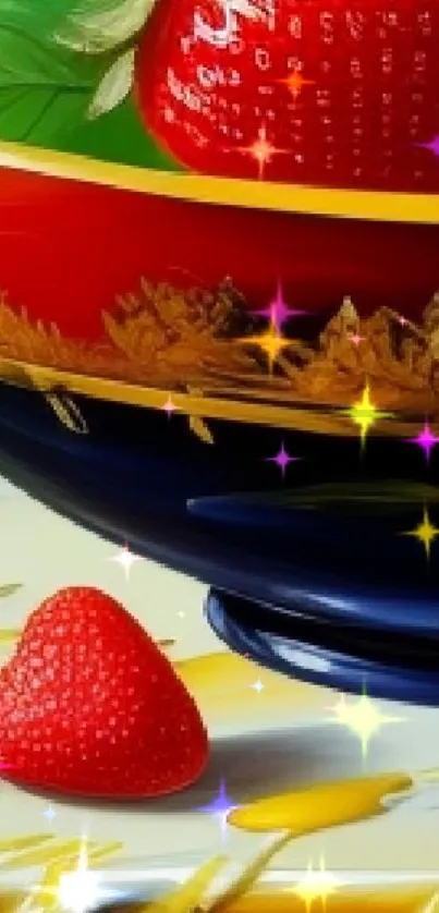 A vibrant artistic fruit bowl with colorful apples and strawberries.