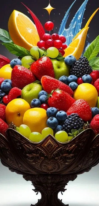 A striking ornate bowl filled with vibrant and colorful fruits on a gray background.