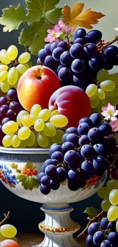 Vibrant fruit bowl art with grapes and apples in a decorative bowl.
