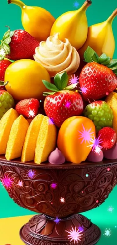 Fruit bowl with vibrant colors and fresh fruit arrangement on a green background.