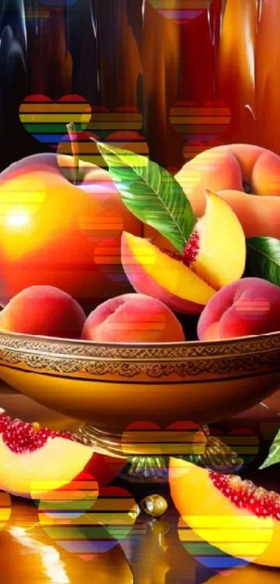 Vibrant fruit bowl with peaches and pomegranates in rich colors.