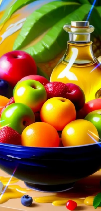 Colorful fruit bowl with vibrant fruits and artistic background.