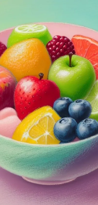 A vibrant fruit bowl wallpaper with colorful fruits in pastel tones.