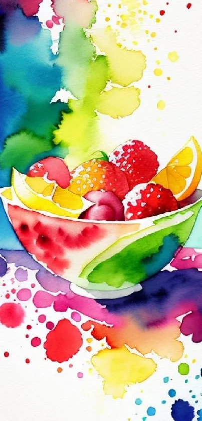 Vibrant watercolor fruit bowl with colorful splashes on mobile wallpaper.