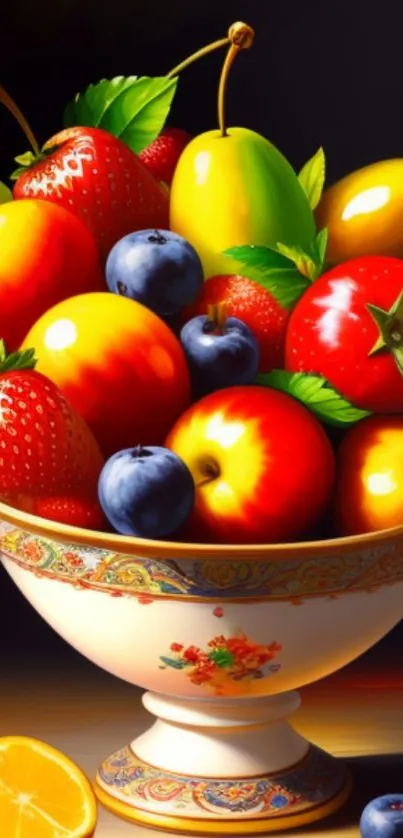 Colorful fruits in a decorative bowl, perfect for vibrant wallpaper.