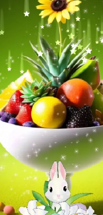 Fruit bowl and bunny on a green background with sparkling effects.