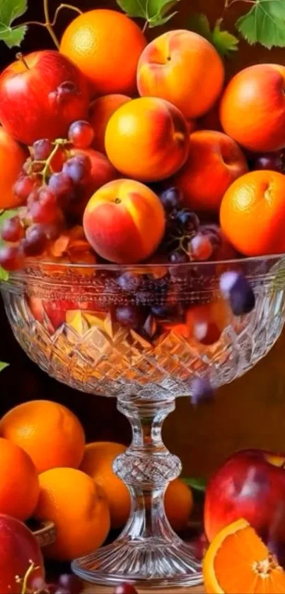 Vibrant assortment of fruits in a glass bowl with leaves.