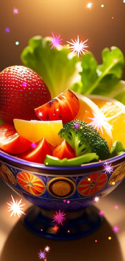 Vibrant bowl of fresh fruits and greens, perfect phone wallpaper.