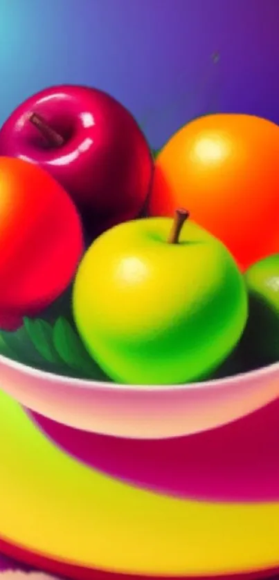 Vibrant fruit bowl wallpaper with colorful apples and oranges.