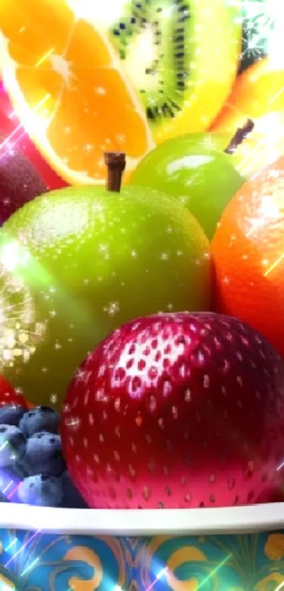 Vibrant fruit bowl with colorful assorted fruits and decorative design.