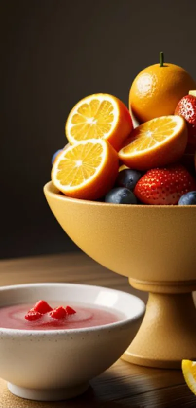 A vibrant bowl of mixed fruits with citrus and strawberries.