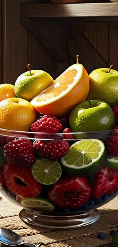 Vibrant bowl of fresh fruits with citrus, apples, and berries in natural light.