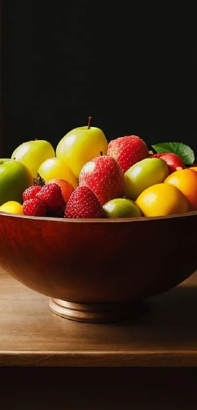 A colorful fruit bowl on a wooden table, capturing vibrant and fresh tones.