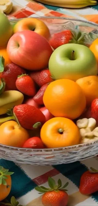 A vibrant fruit bowl filled with apples, oranges, and strawberries.