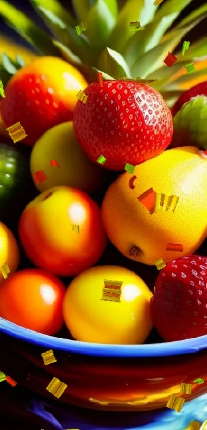 Vibrant fruit bowl with colorful fruit arrangement in a vivid design.