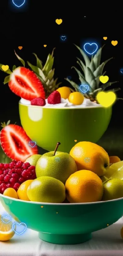 Vibrant fruit bowl with apples, lemons, and pineapples in bright green bowls.