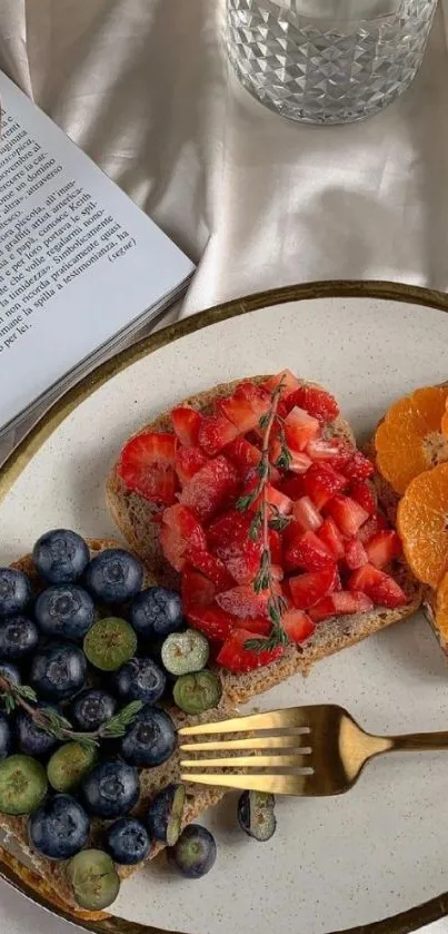 Elegant plate with fruits and brunch setup.