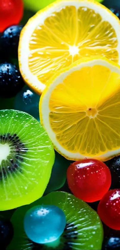 Colorful wallpaper with lemon, kiwi, and berries.