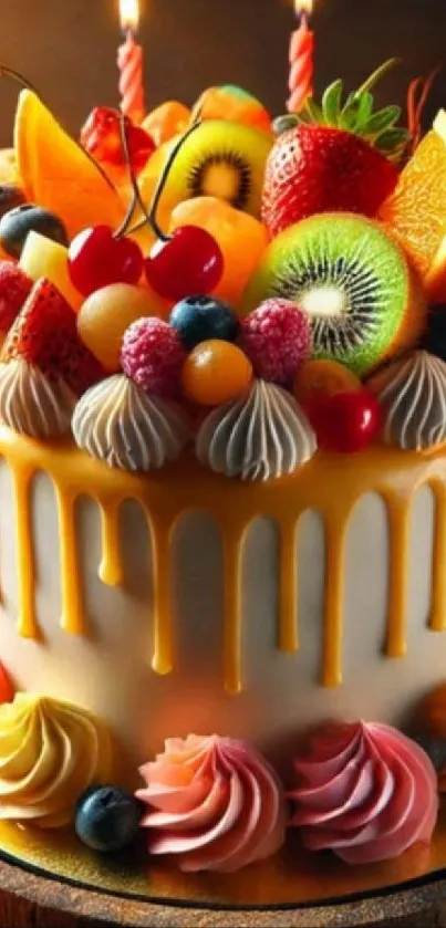 Colorful fruit cake with vibrant decorations and candles.