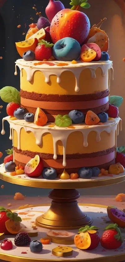 Vibrant fruit-topped layer cake on stand.