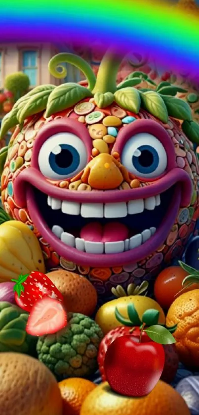 Whimsical fruit character with rainbow, vibrant and colorful.