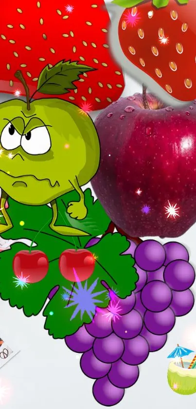 Cartoon fruits with vibrant colors including apples and strawberries on a phone wallpaper.