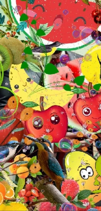 Vibrant cartoon fruit wallpaper with birds for a colorful mobile screen.