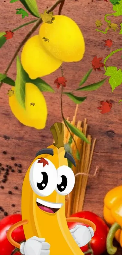 Cheerful fruit character with lemons and peppers on rustic background.